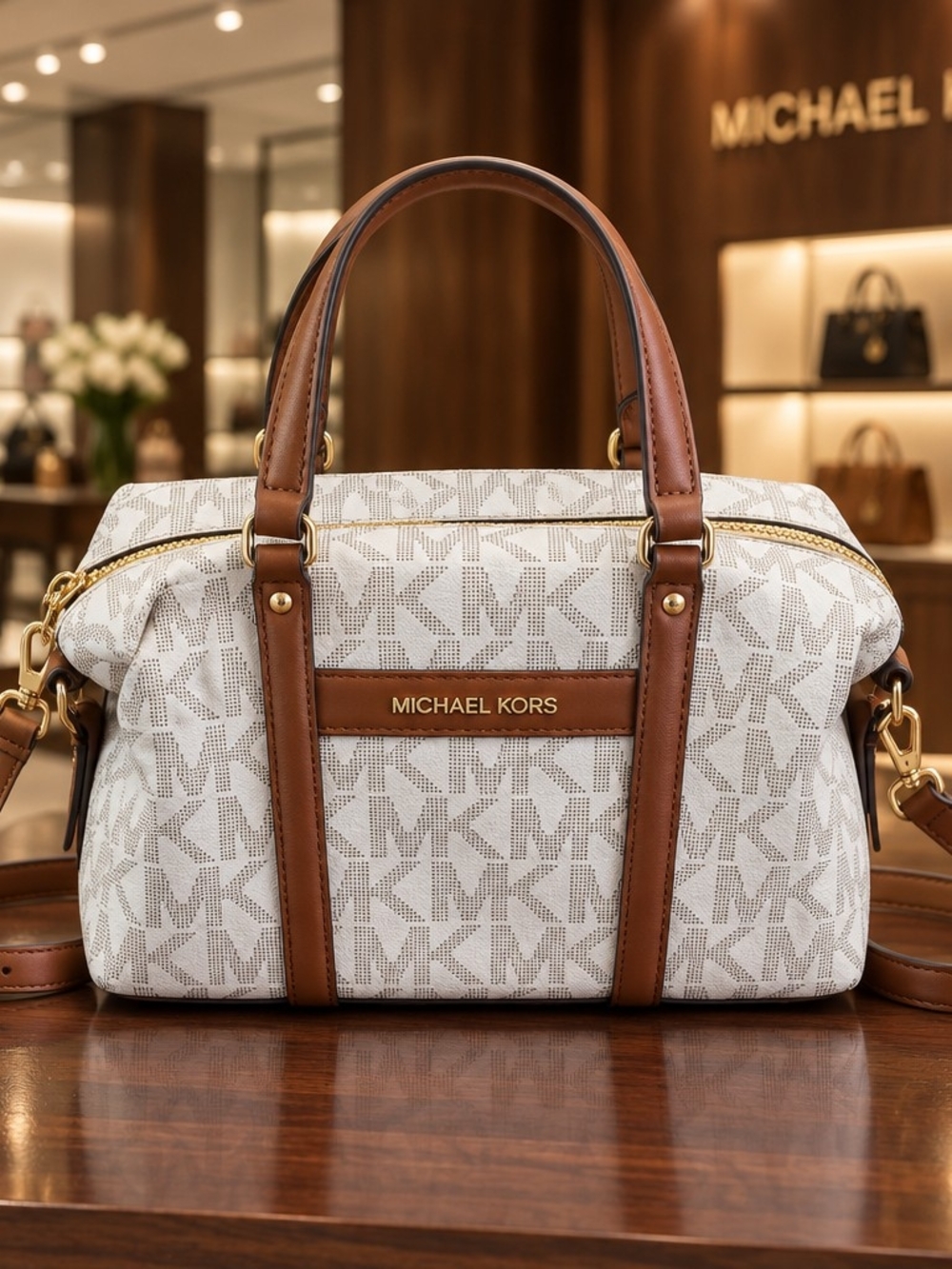 Michael Kors Beck Signature Logo Satchel Bag Vanilla/Luggage XS